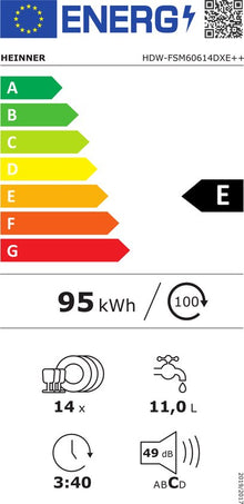 Heinner HDW-FSM60614DXE vrijstaande vaatwasser – 14 couverts – AquaStop – energielabel E – rvs