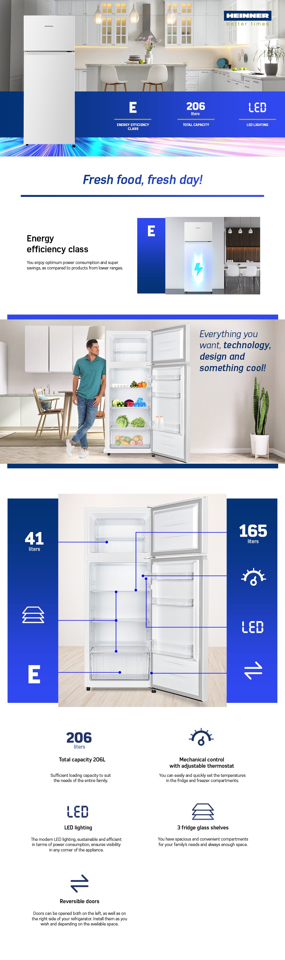 Heinner HF-HS205E koel-vriescombinatie – 206 liter – energielabel E – wit