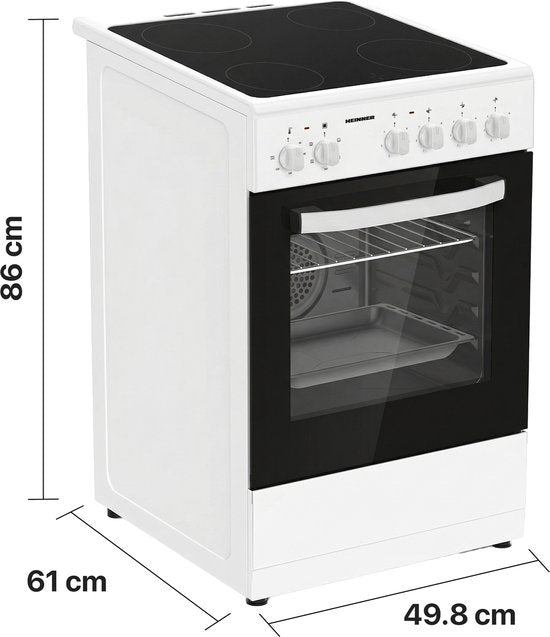 Technische tekening van het Heinner fornuis met afmetingen: 86 cm hoogte, 61 cm diepte en 49,8 cm breedte.