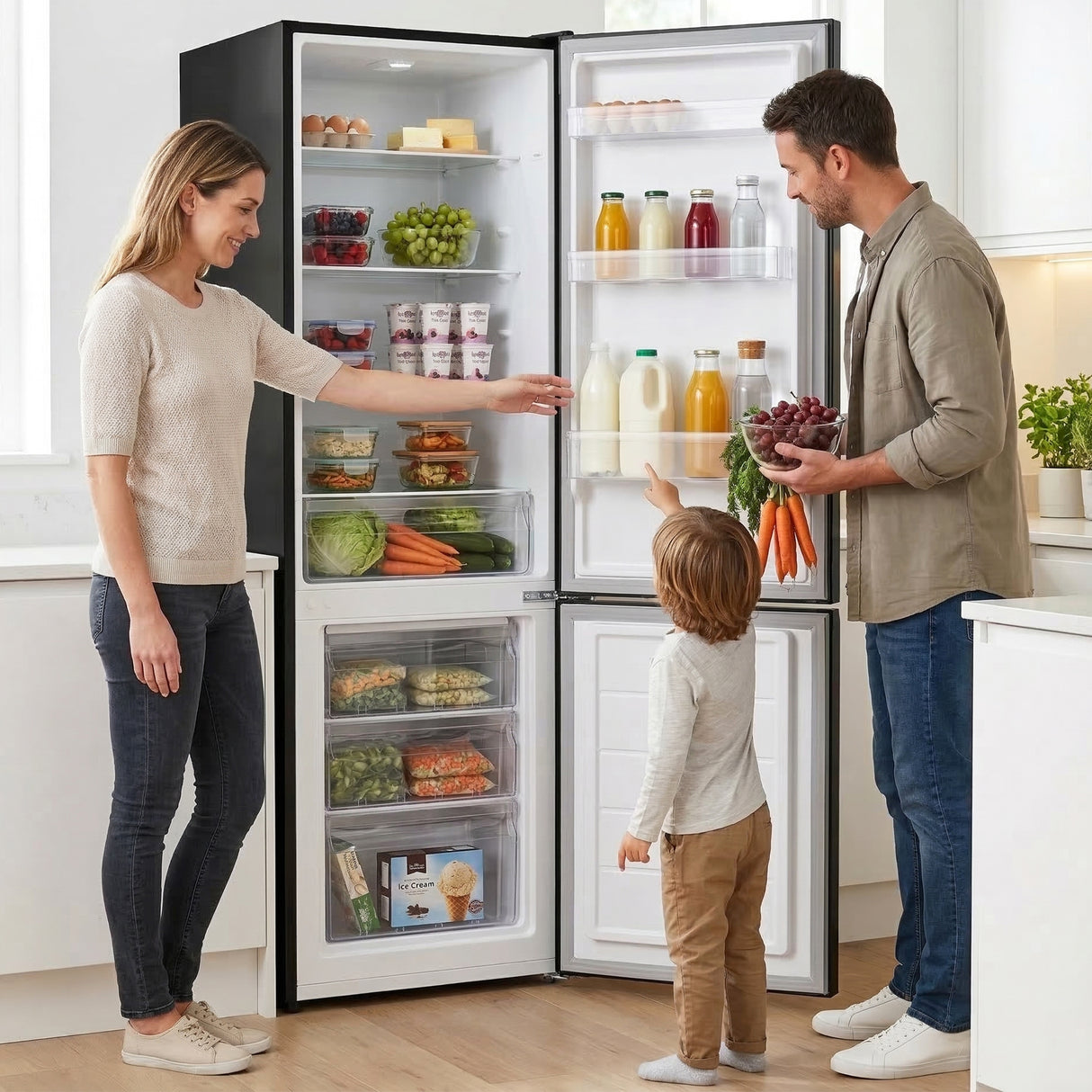 Heinner HC-HM262BKE++ open vriezer compartiment met ingevroren producten en brood