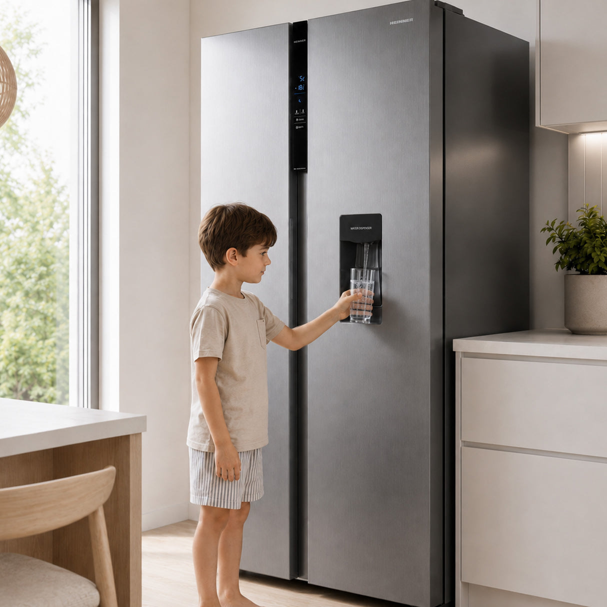 Frigo américain Heinner HSBS-H439NFXWDE – 439L – distributeur d’eau – no-frost – classe énergétique E