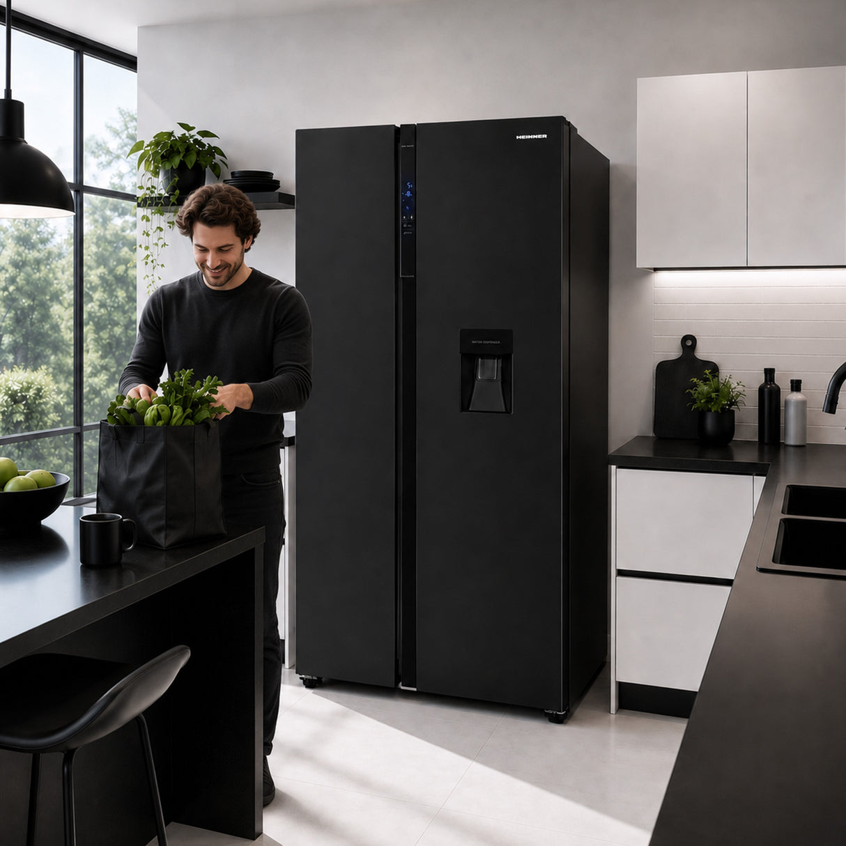 Frigo américain Heinner HSBS-H439NFBKWDE++ – 439L – Distributeur d’eau