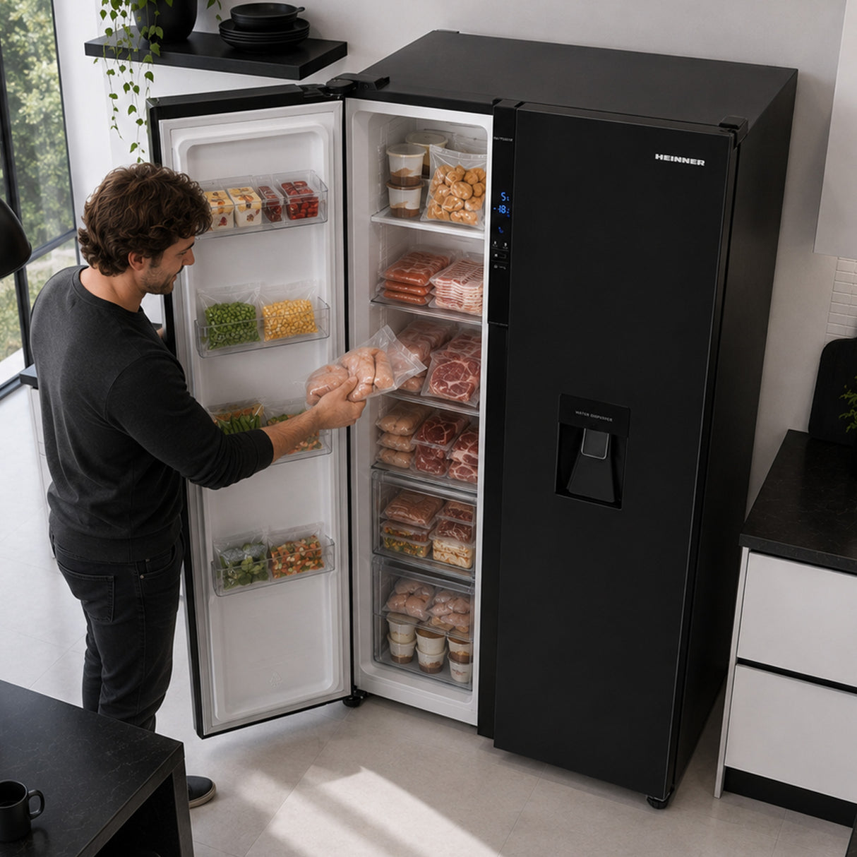 Frigo américain Heinner HSBS-H439NFBKWDE++ – 439L – Distributeur d’eau