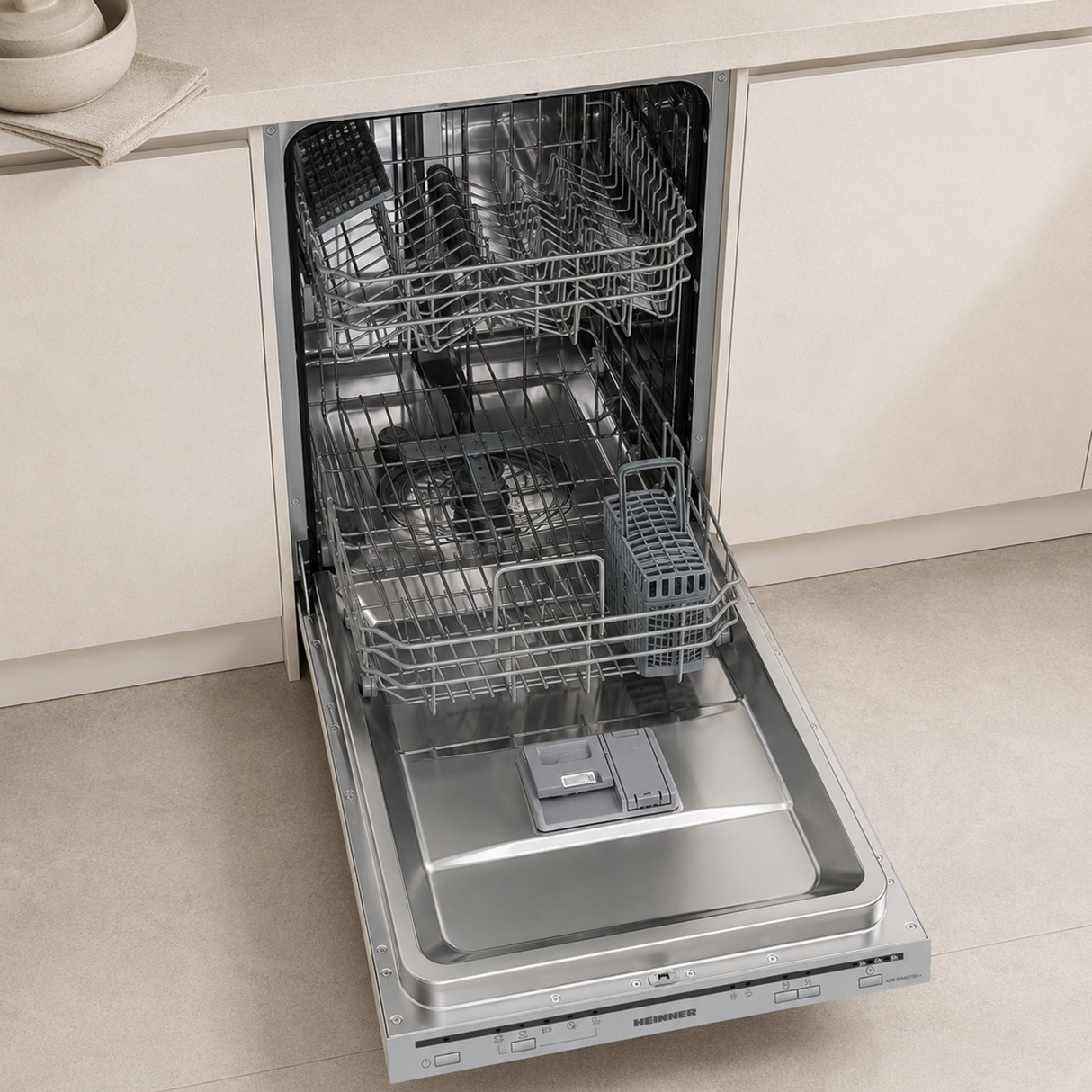 Lave-vaisselle encastrable Heinner HDW-BIM45510E – 14 couverts – AquaStop – classe énergétique E