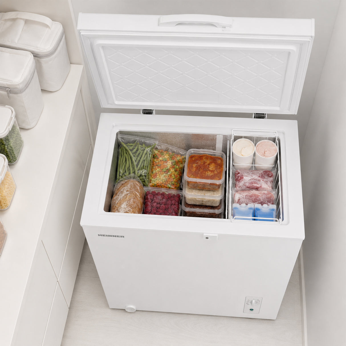 Congélateur coffre Heinner HCF-M198INVCE – 198 litres – convertible – moteur inverter – classe énergétique E