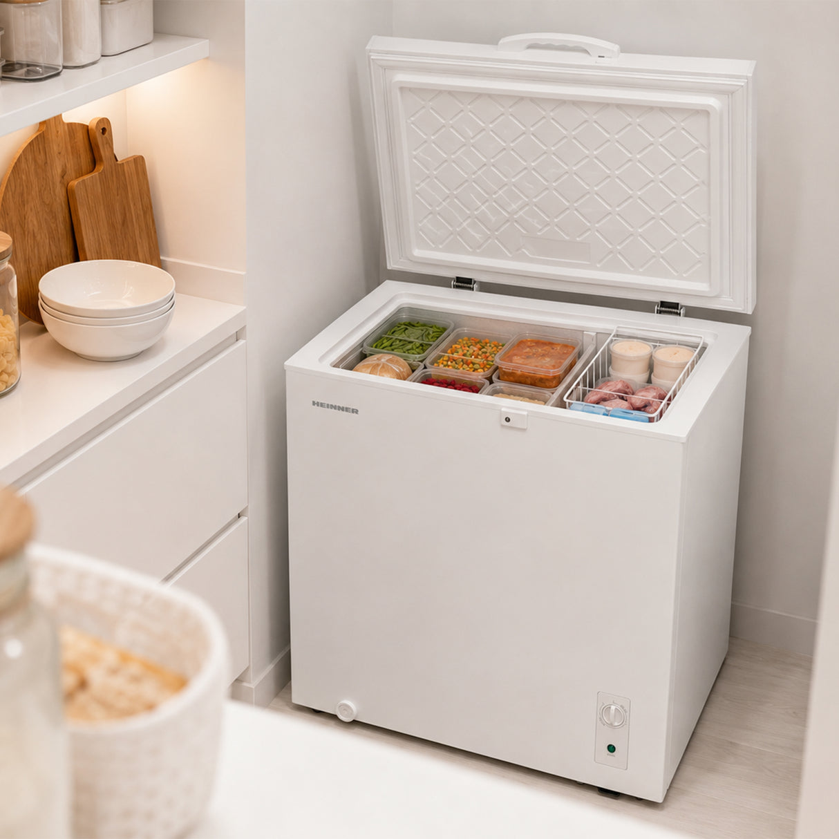 Congélateur coffre Heinner HCF-M198INVCE – 198 litres – convertible – moteur inverter – classe énergétique E