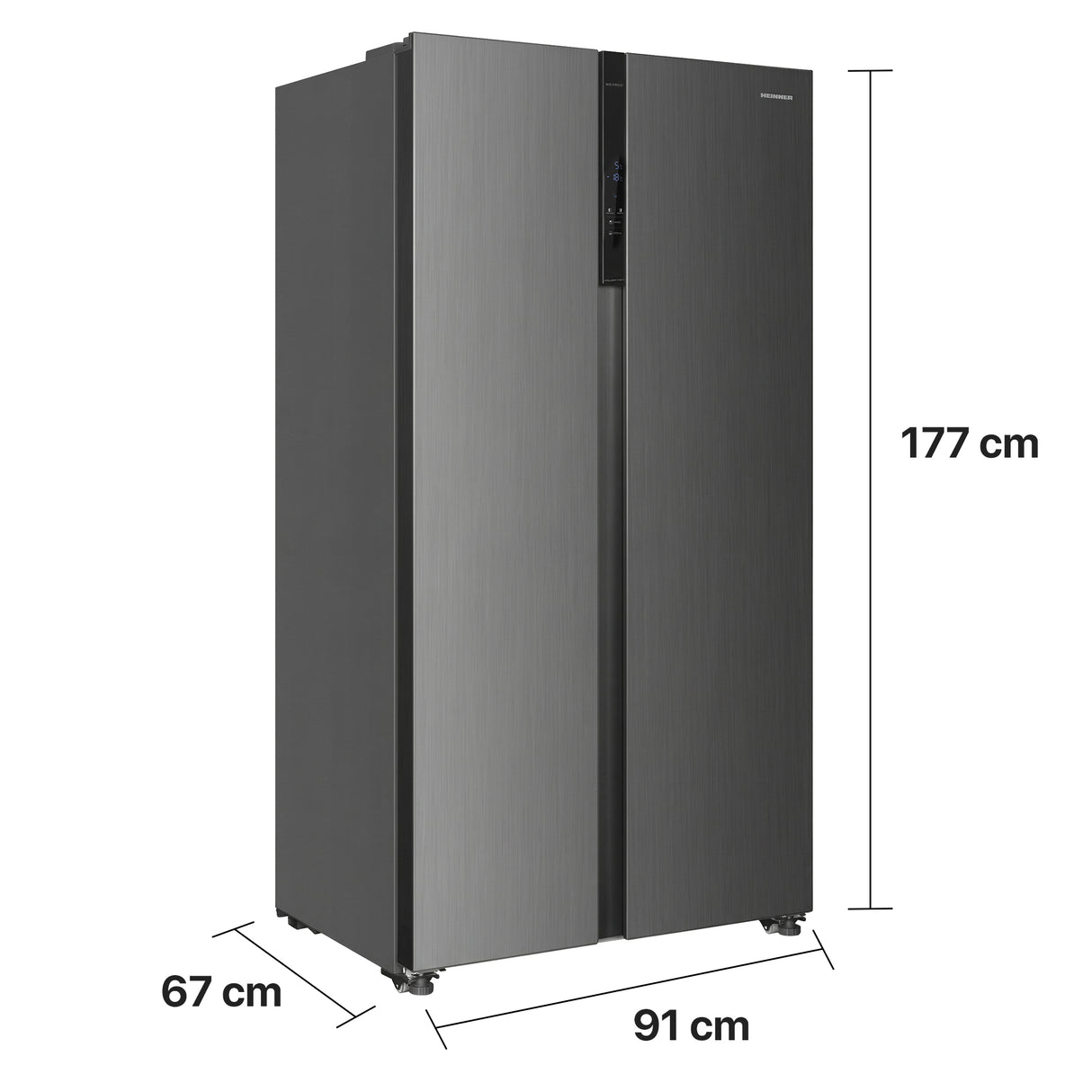 Afmetingen Heinner HSBS-HM532NFINVXD: hoogte 177 cm, breedte 91 cm en diepte 67 cm.