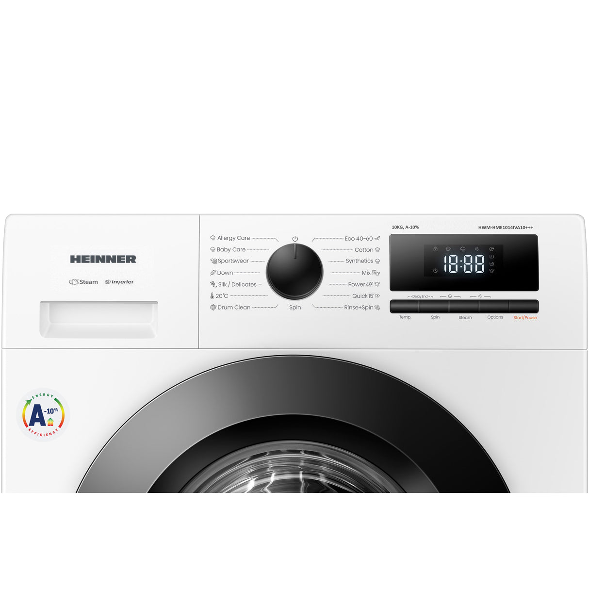 Heinner HWM-HME1014IVA10+++ Wasmachine 10 kg – 1400 tpm – Inverter – A-10% – Allergy & Baby Steam – Wit