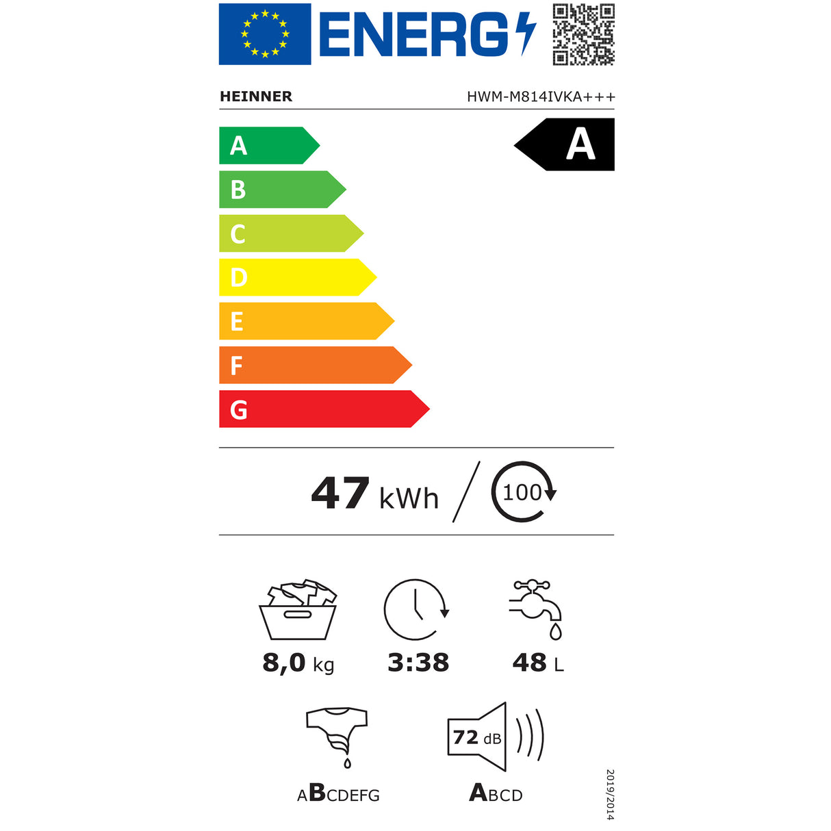 Heinner HWM-M814IVKA wasmachine – 8 kg – 1400 toeren – energielabel A – wit