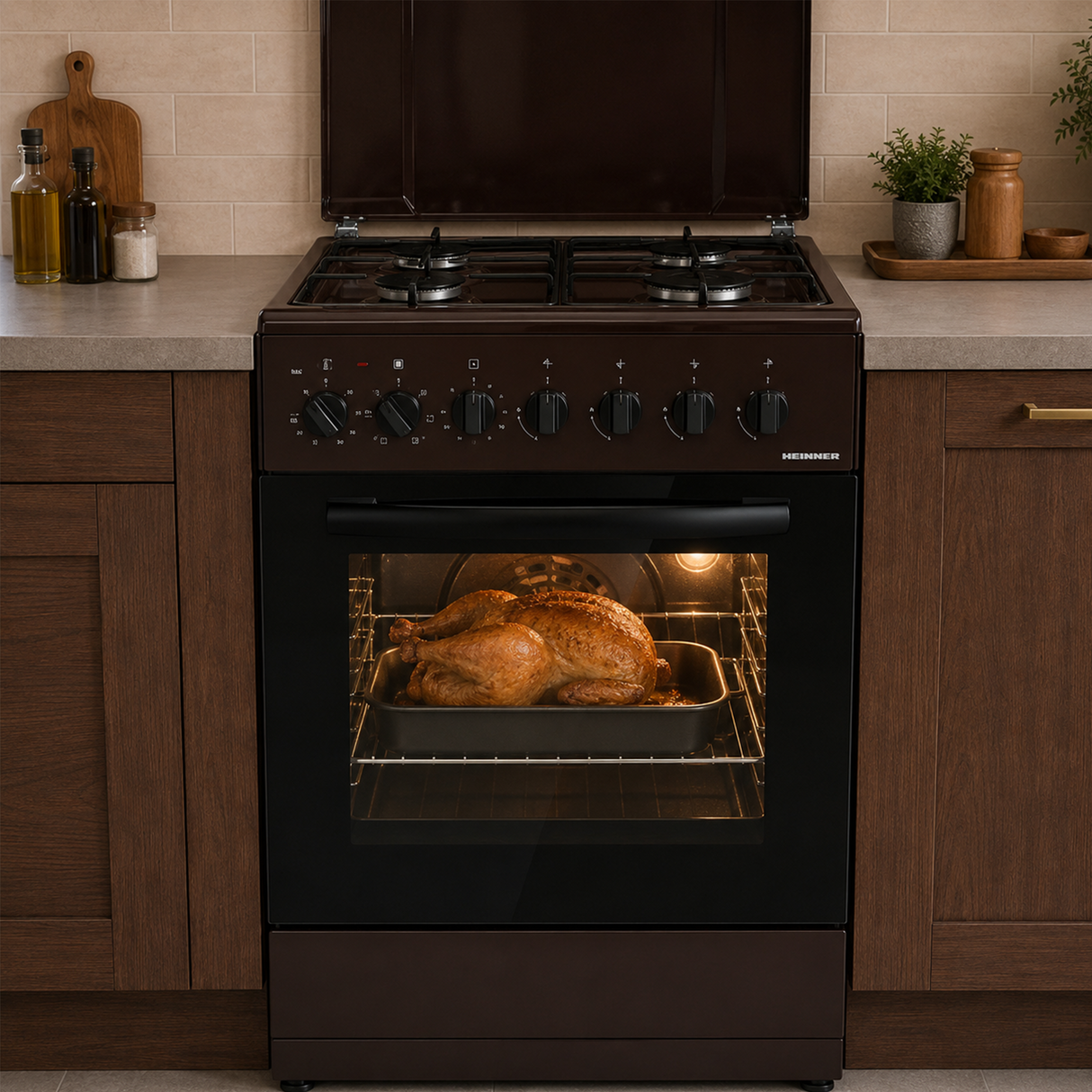 Cuisinière à gaz Heinner HFSC-S60LITGC-BRW – 4 brûleurs – four électrique avec gril