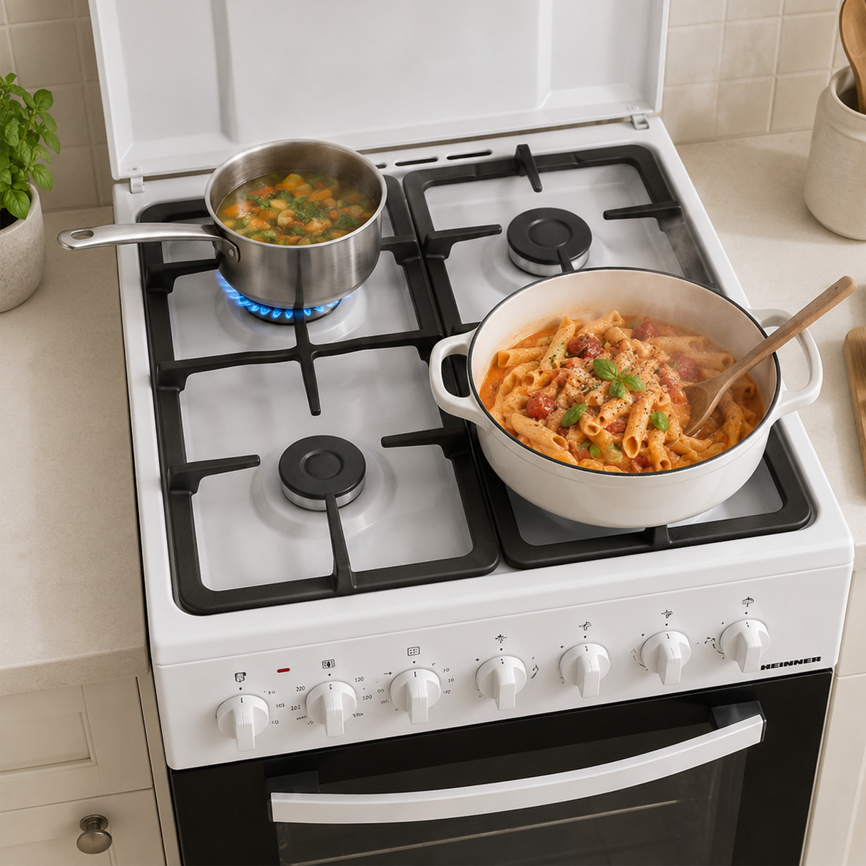 Cuisinière à gaz Heinner HFSC-S65MIXF-WH – 4 brûleurs – four avec 6 fonctions – gril – blanc
