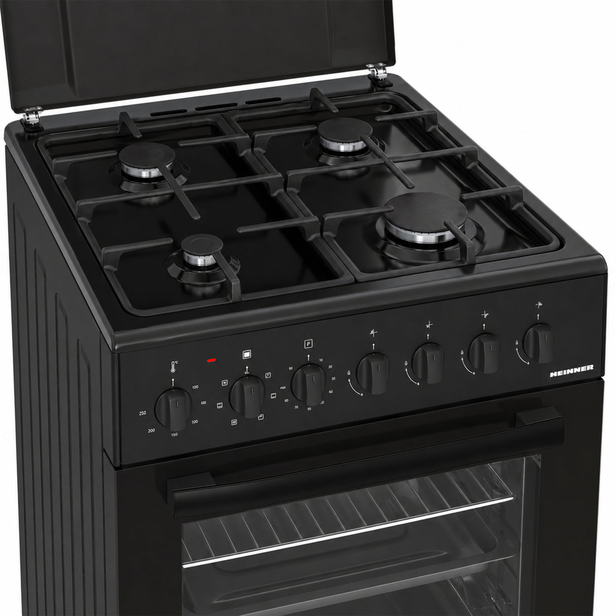 Cuisinière à gaz Heinner HFSC-S60LITGC-BK – 4 brûleurs – four électrique avec gril – noir