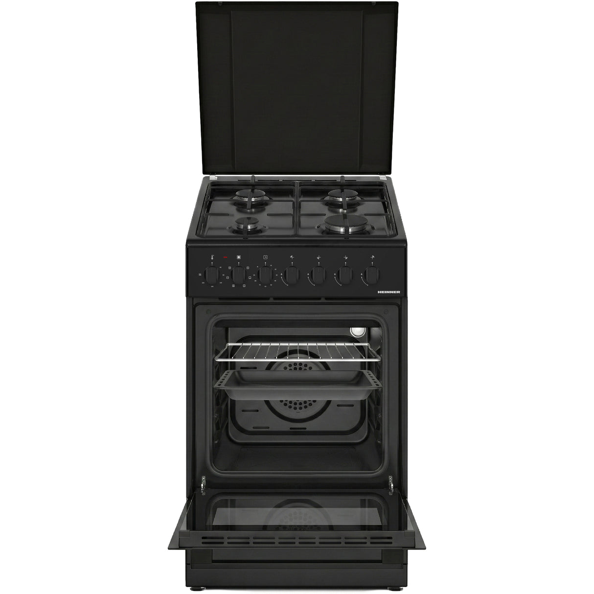 Cuisinière à gaz Heinner HFSC-S60LITGC-BK – 4 brûleurs – four électrique avec gril – noir