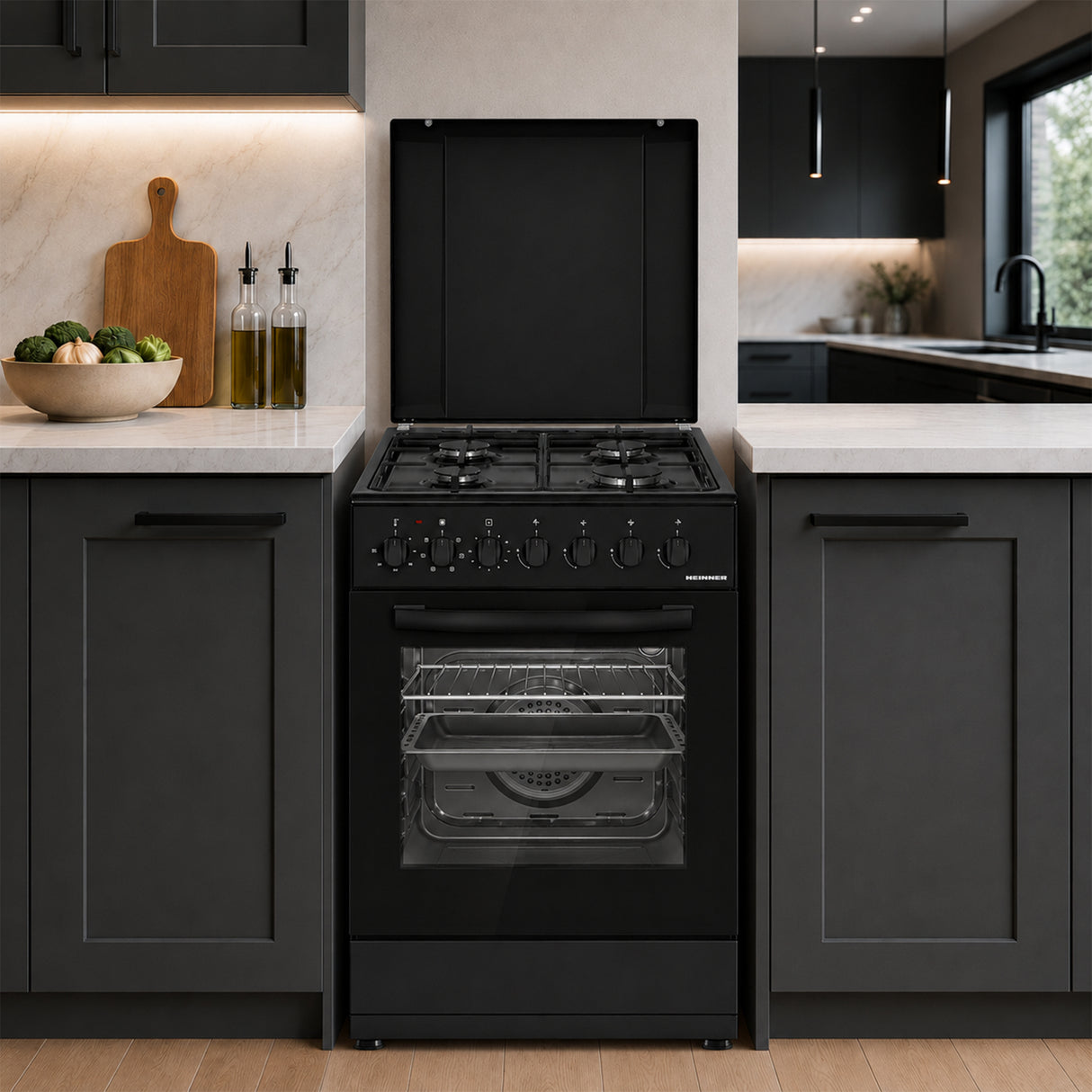 Cuisinière à gaz Heinner HFSC-S60LITGC-BK – 4 brûleurs – four électrique avec gril – noir