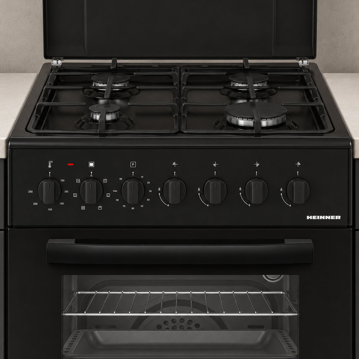 Cuisinière à gaz Heinner HFSC-S60LITGC-BK – 4 brûleurs – four électrique avec gril – noir