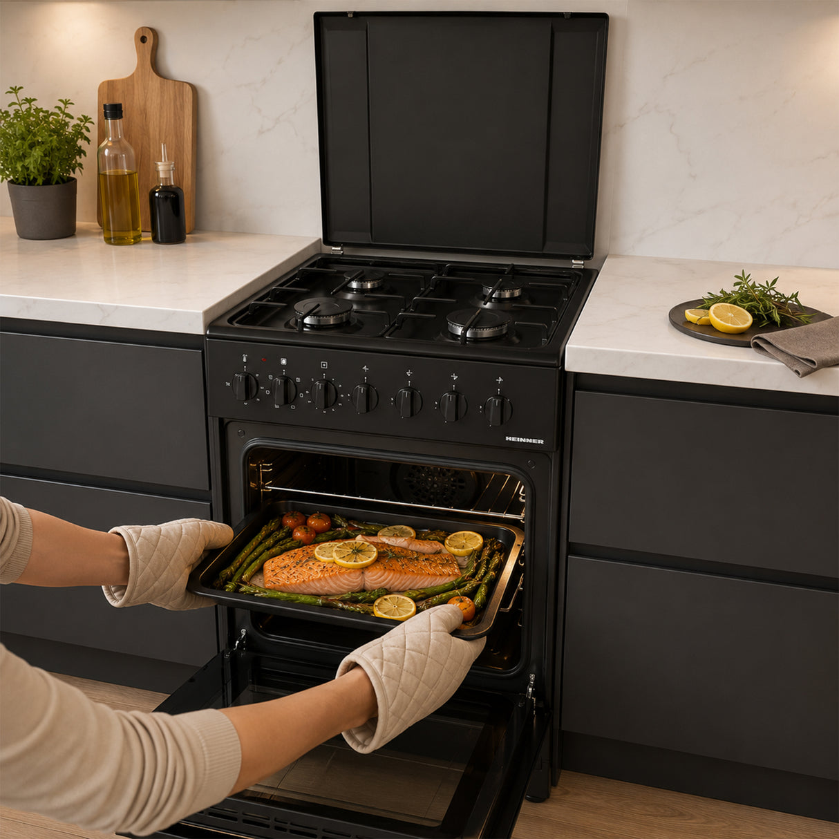 Cuisinière à gaz Heinner HFSC-S60LITGC-BK – 4 brûleurs – four électrique avec gril – noir