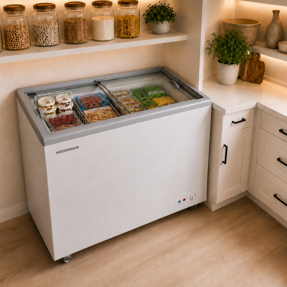 Congélateur/frigo Heinner HSF-M255WHC – congélateur coffre – 255 L – couvercle en verre coulissant – convertible