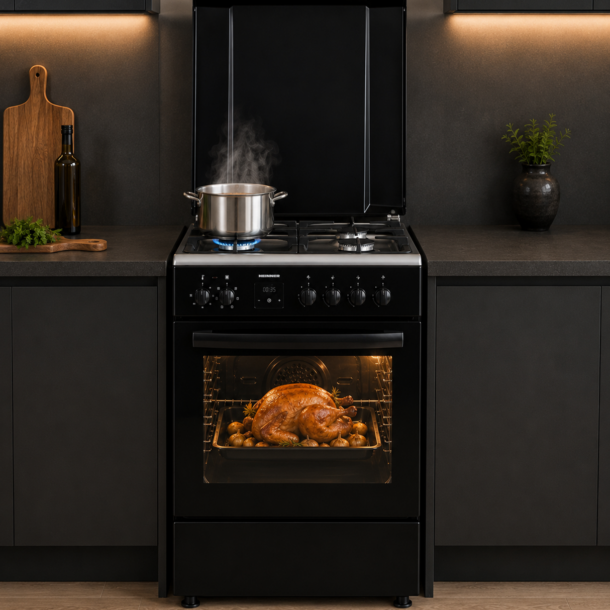 Cuisinière à gaz Heinner HFSC-S66FDCC-IBK – 50 cm – 4 zones de cuisson – four avec 6 fonctions et gril – noir