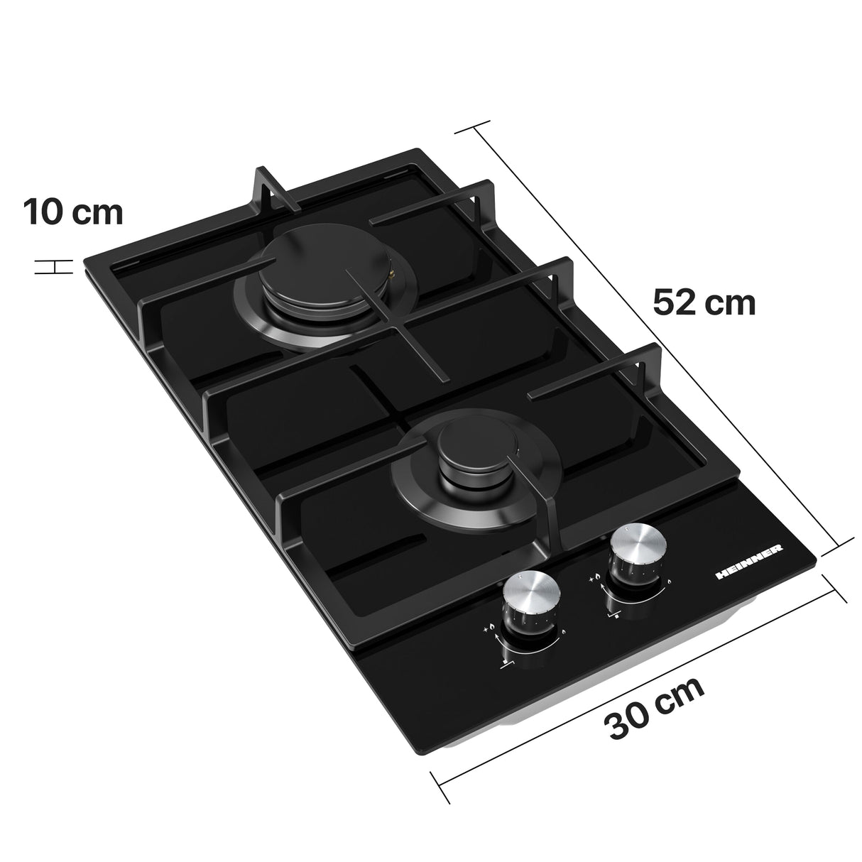 Table de cuisson au gaz Heinner HBH-M302FGBK – 30 cm – 2 brûleurs – grilles en fonte – noir