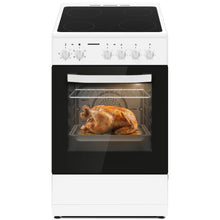 Cuisinière vitrocéramique Heinner HFSC-S56E4VWH – 50 cm – 4 zones de cuisson – four électrique avec gril et ventilation – classe énergétique A – blanc