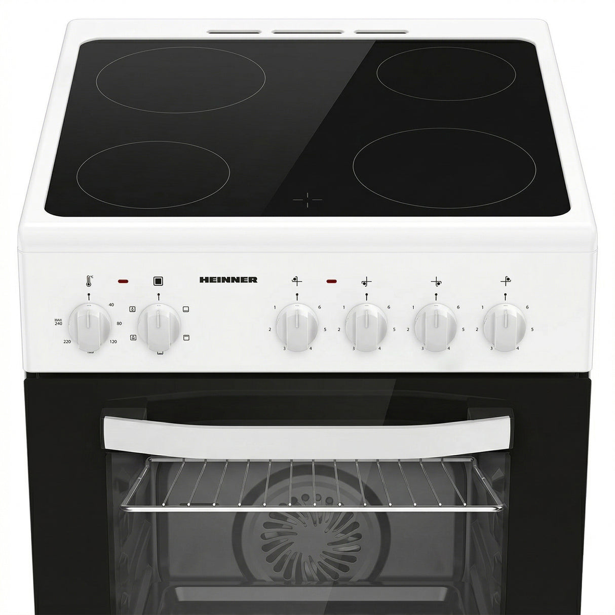 Cuisinière vitrocéramique Heinner HFSC-S56E4VWH – 50 cm – 4 zones de cuisson – four électrique avec gril et ventilation – classe énergétique A – blanc