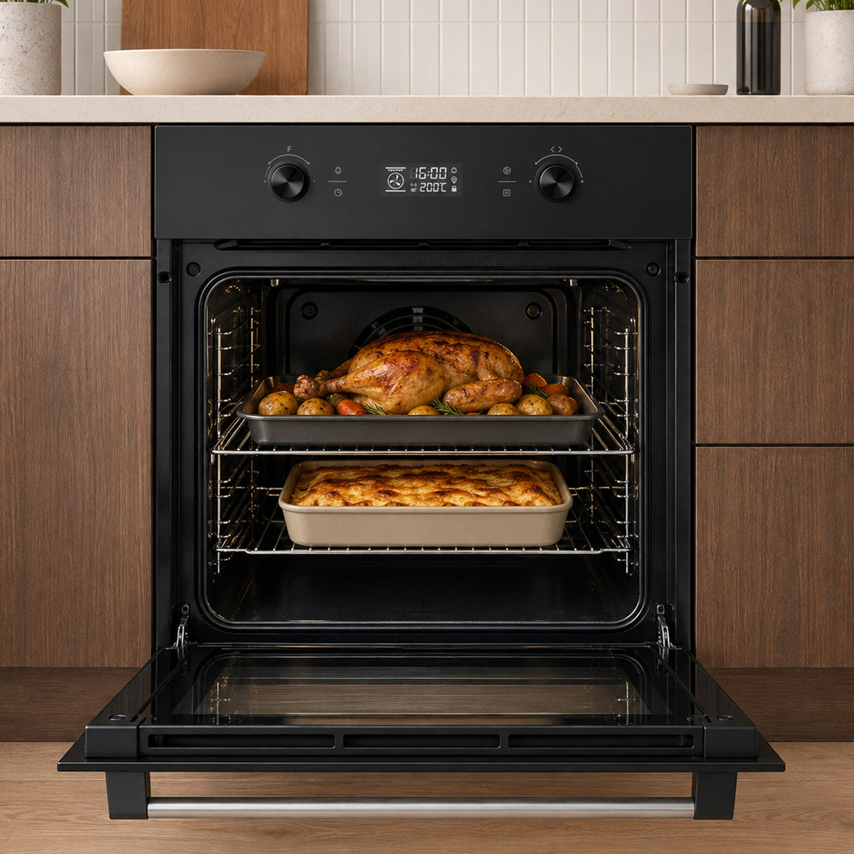 Four encastrable Heinner HBO-M7010GCDRP-GBK – 70 L – autonettoyage pyrolytique – chaleur tournante, gril, fermentation – écran tactile – classe énergétique A – verre noir – 5 ans de garantie