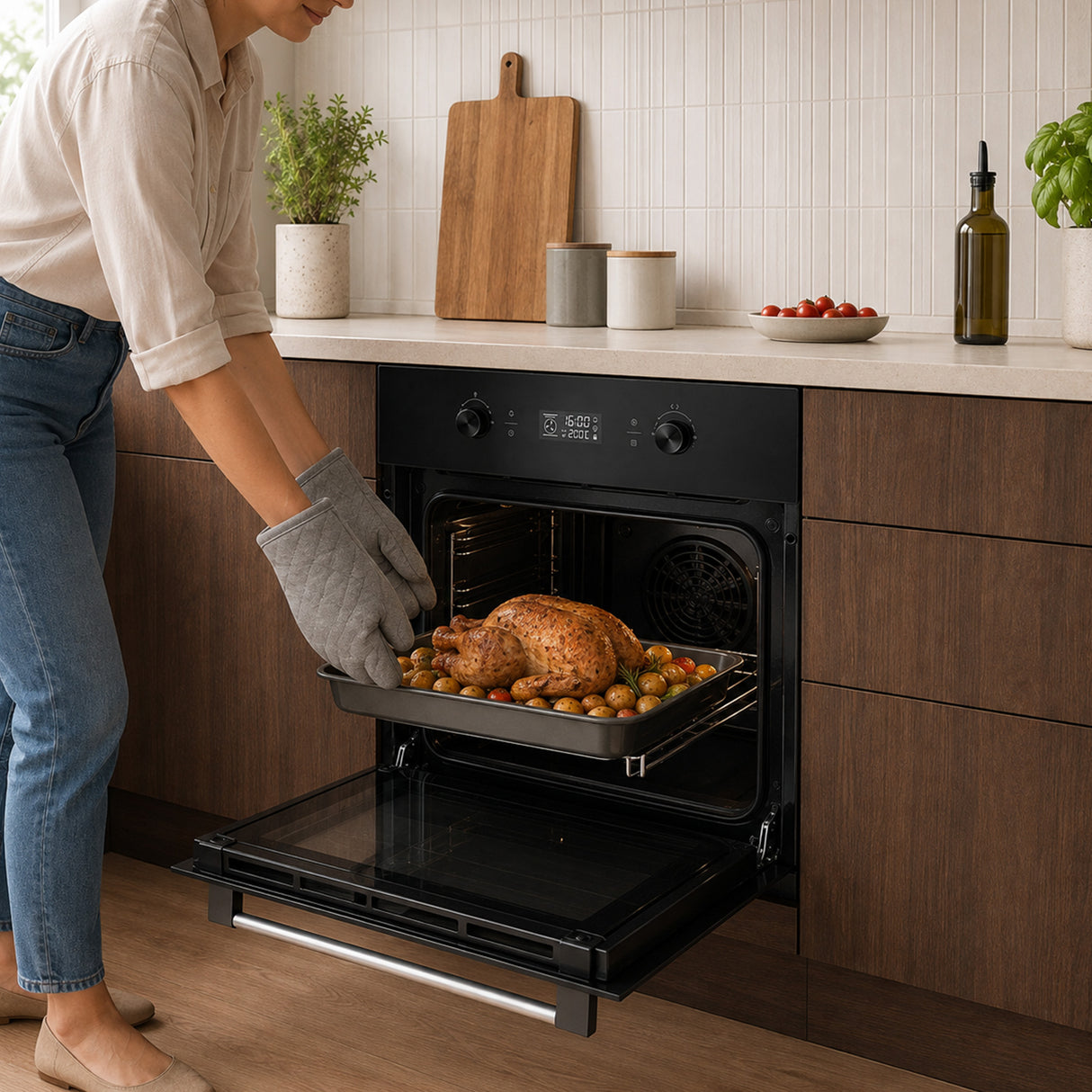 Four encastrable Heinner HBO-M7010GCDRP-GBK – 70 L – autonettoyage pyrolytique – chaleur tournante, gril, fermentation – écran tactile – classe énergétique A – verre noir – 5 ans de garantie