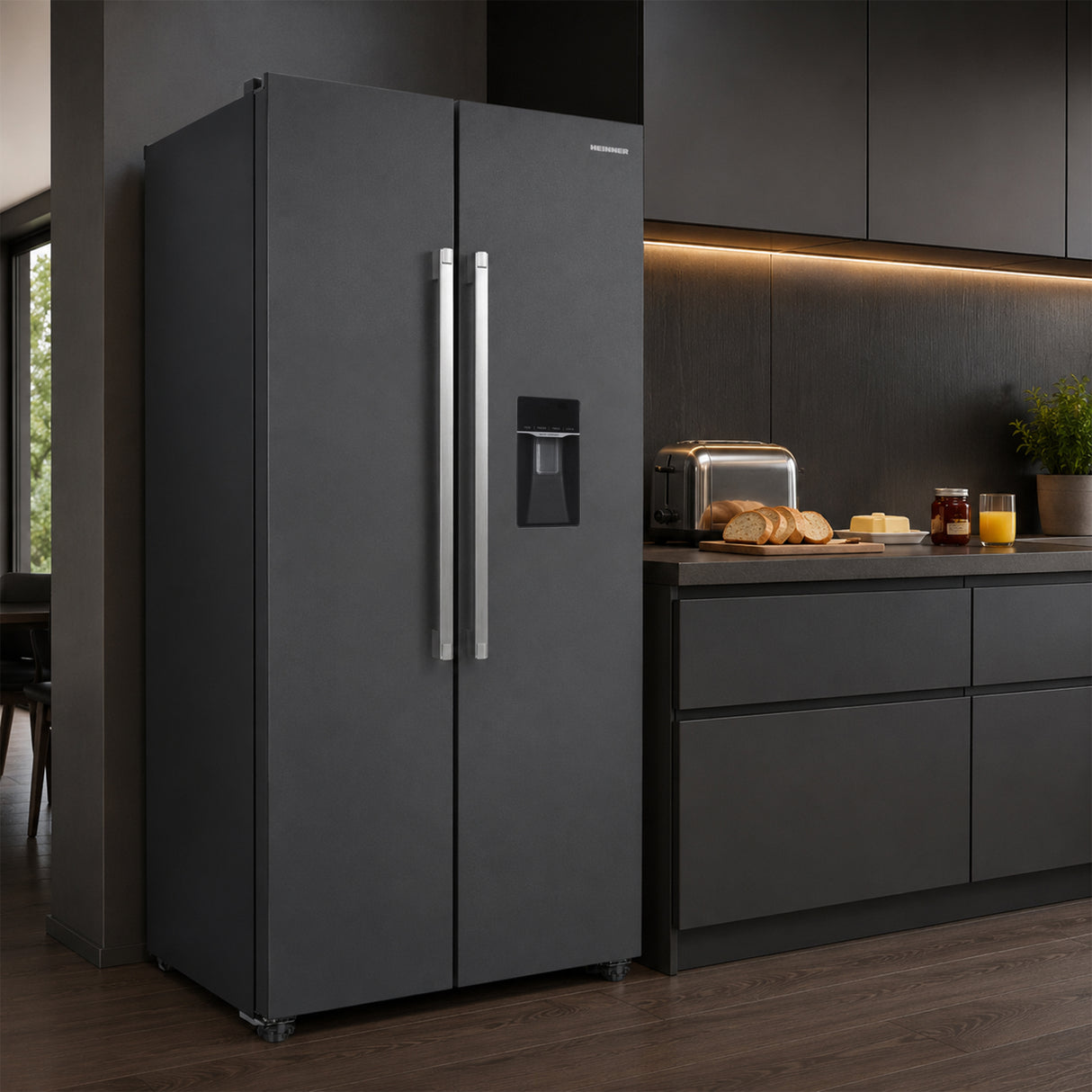 Frigo américain avec distributeur d’eau Heinner HSBS-HM439NFINVDGWDE++ – 439 L – No Frost – Anthracite