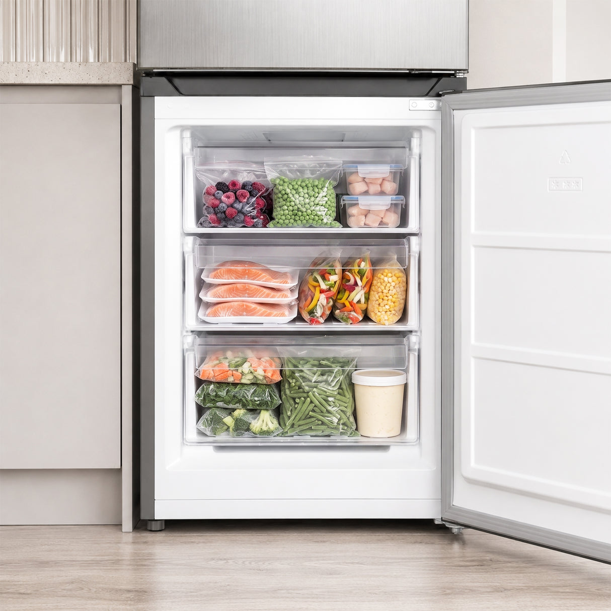 Frigo congélateur Heinner HCNF-HM291INVXWDD – 291 L – Total No Frost – compresseur inverter – Classe énergétique D – Thermostat réglable – Éclairage LED – inox – 185 cm – 5 ans de garantie