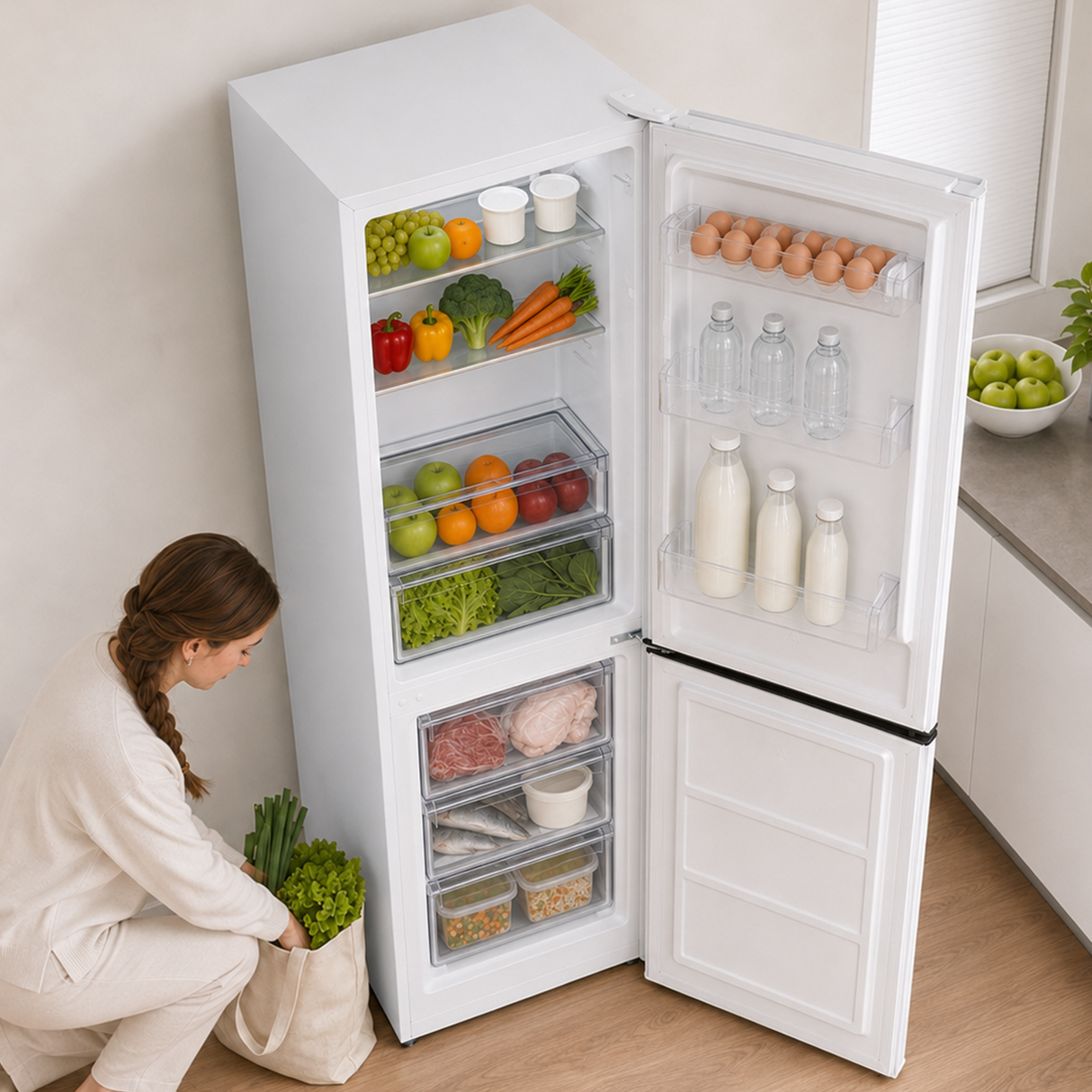 Frigo congélateur avec distributeur d’eau Heinner HC-HM313WDE++ – 313 L – Classe énergétique E – Thermostat réglable – Éclairage LED – Porte réversible – Blanc – 5 Ans de garantie