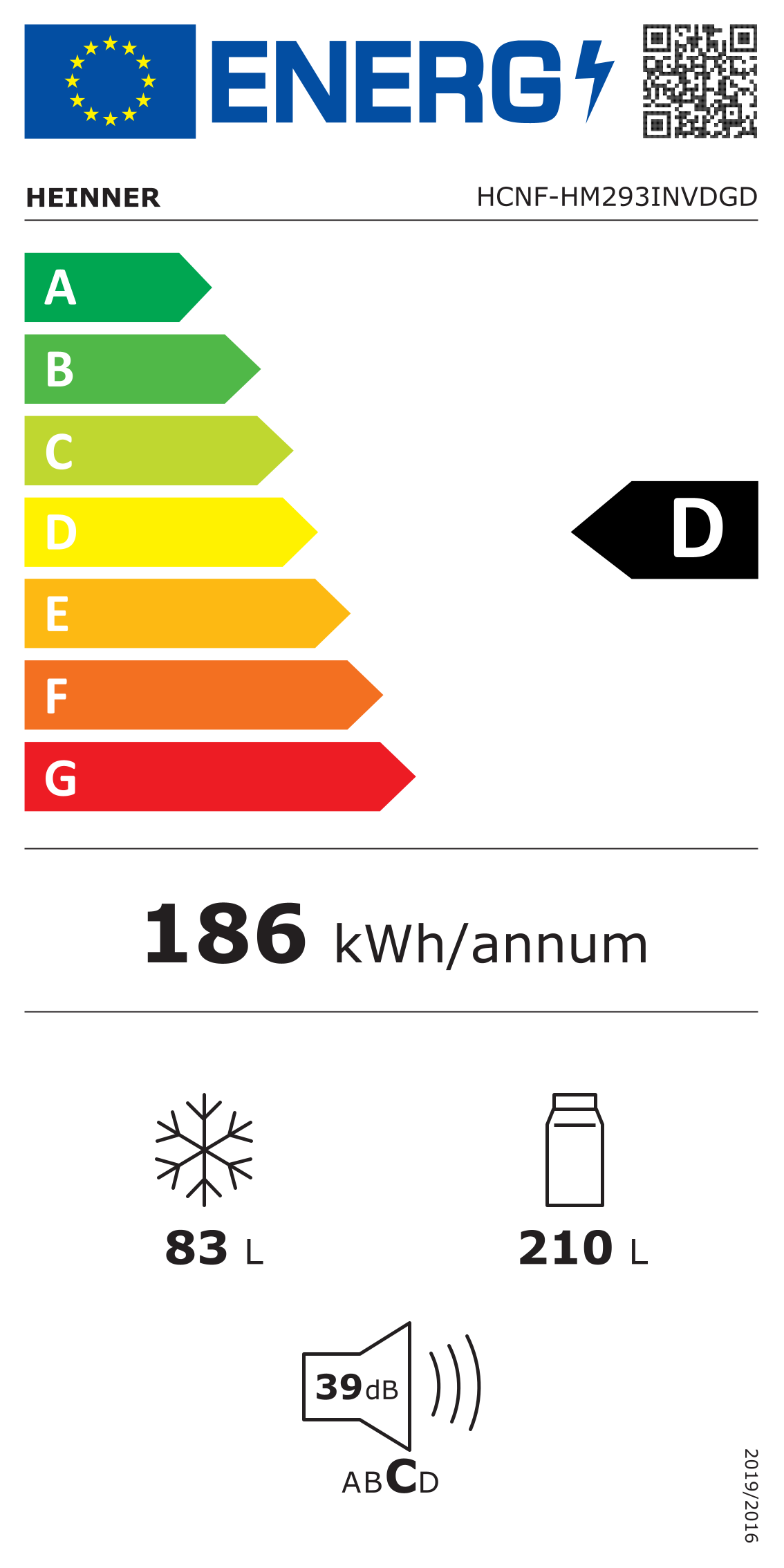 EU-energielabel Heinner HCNF-HM293INVDGD, energieklasse D