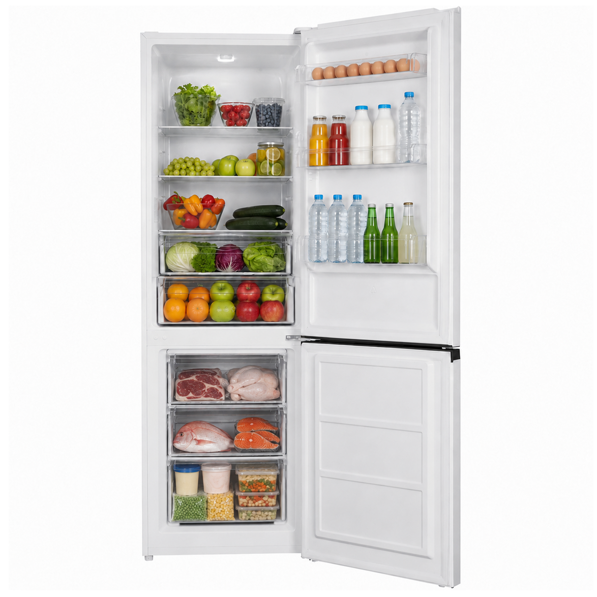 Frigo congélateur Heinner HC-HM315E++ – 315 L – Classe énergétique E – Commande électronique avec Thermostat réglable – Éclairage LED – Porte réversible – Blanc – 5 ans de garantie