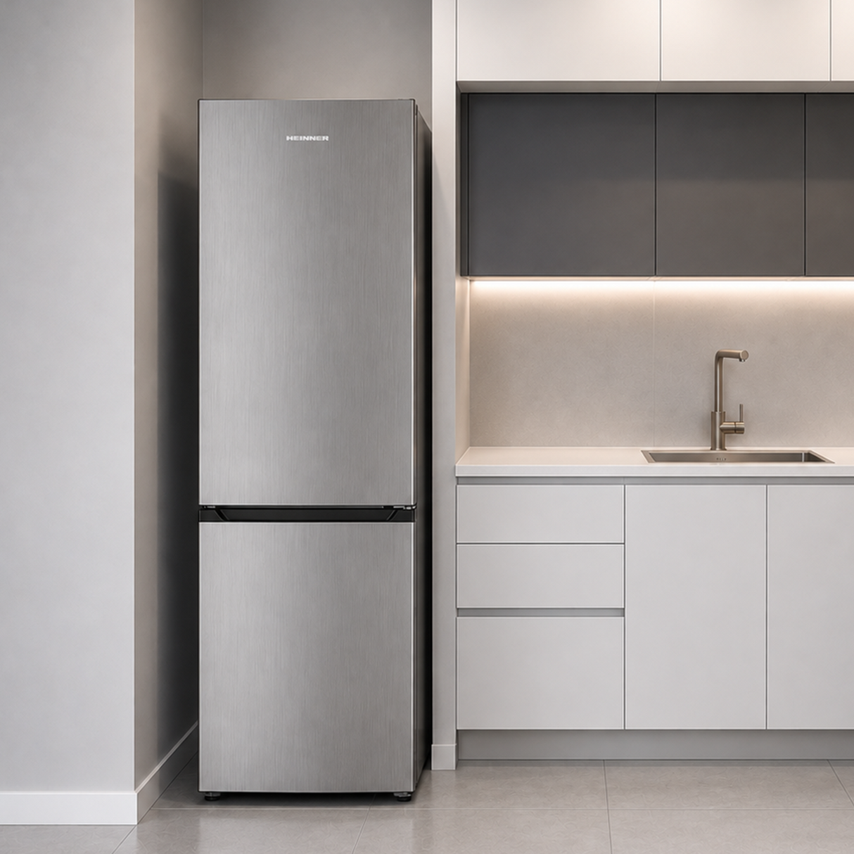 Frigo congélateur Heinner HC-HM315XE++ – 315 L – Classe énergétique E – Thermostat réglable – Éclairage LED – Porte réversible – inox – 5 Ans de garantie