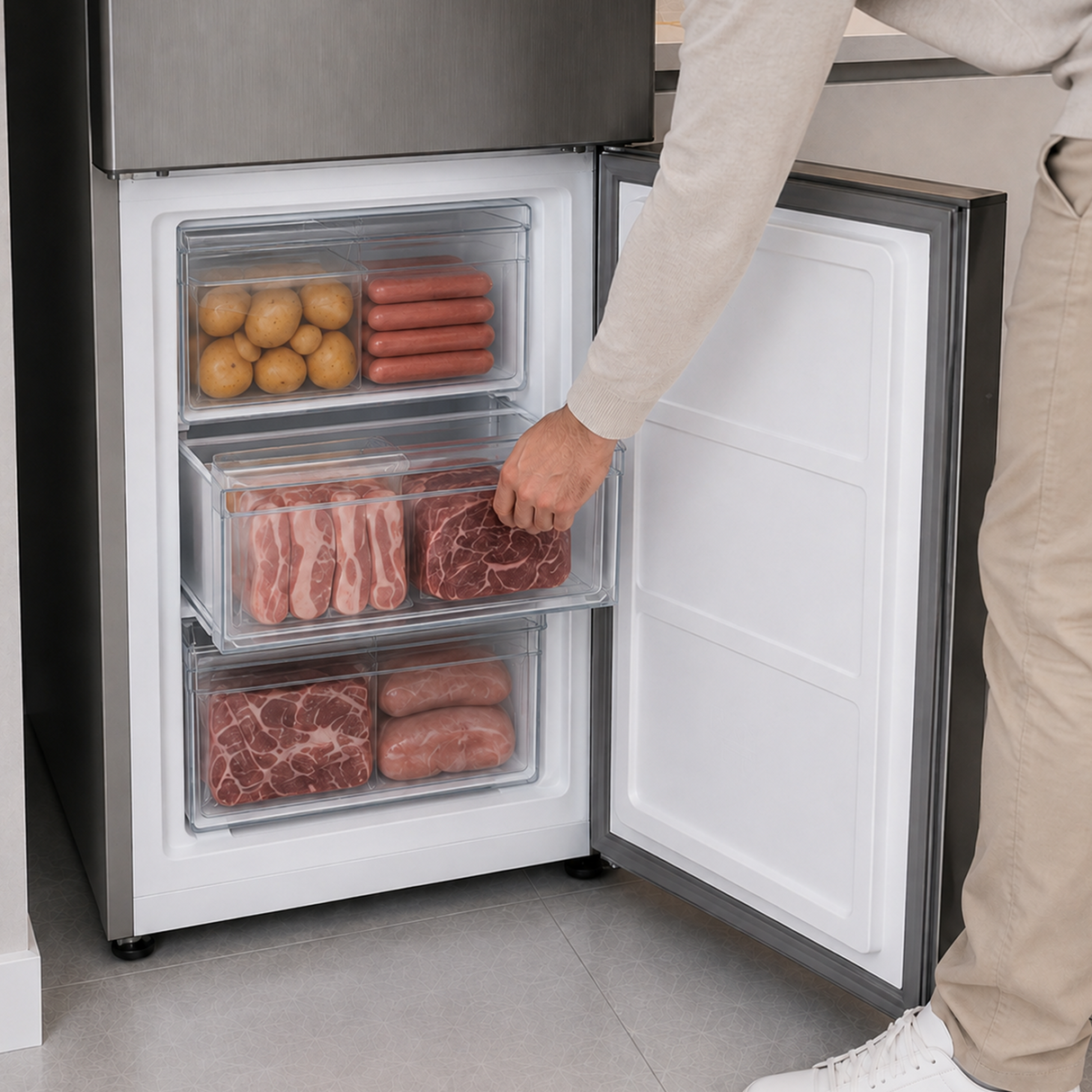 Frigo congélateur Heinner HC-HM315XE++ – 315 L – Classe énergétique E – Thermostat réglable – Éclairage LED – Porte réversible – inox – 5 Ans de garantie