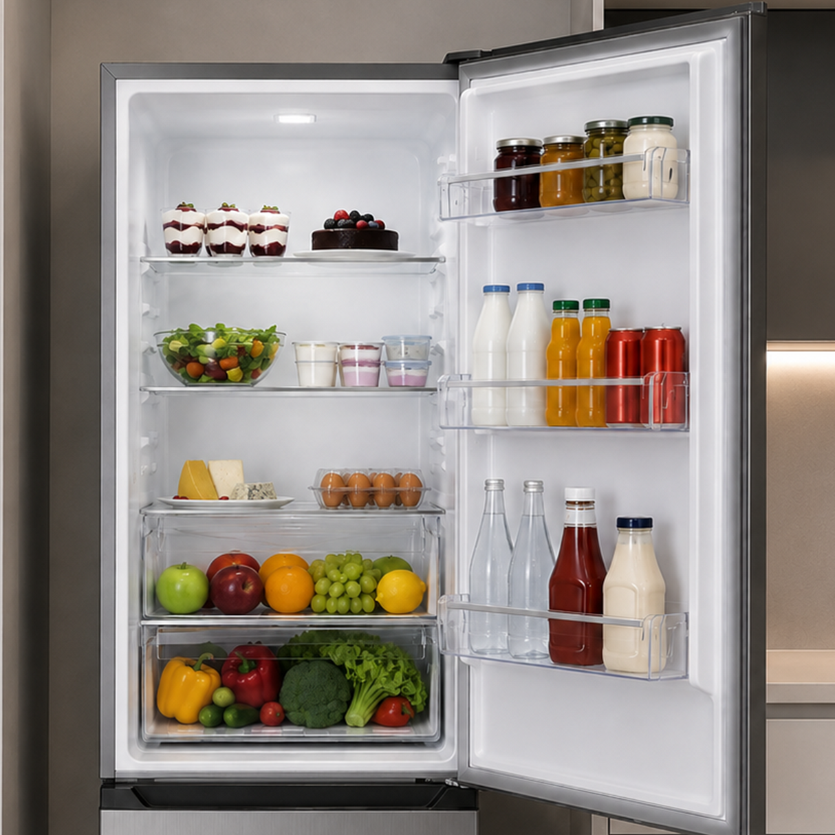 Frigo congélateur Heinner HC-HM315XE++ – 315 L – Classe énergétique E – Thermostat réglable – Éclairage LED – Porte réversible – inox – 5 Ans de garantie