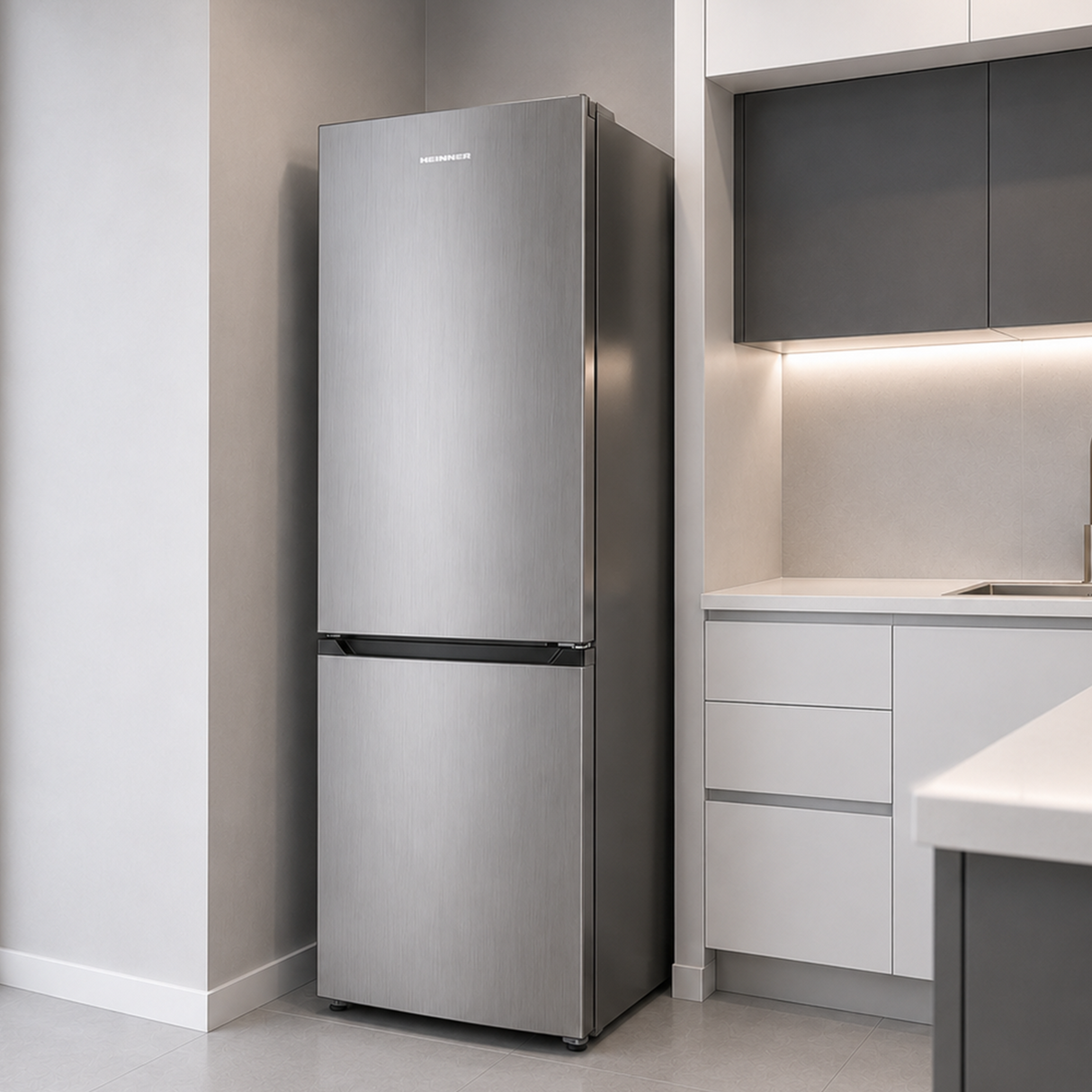 Frigo congélateur Heinner HC-HM315XE++ – 315 L – Classe énergétique E – Thermostat réglable – Éclairage LED – Porte réversible – inox – 5 Ans de garantie