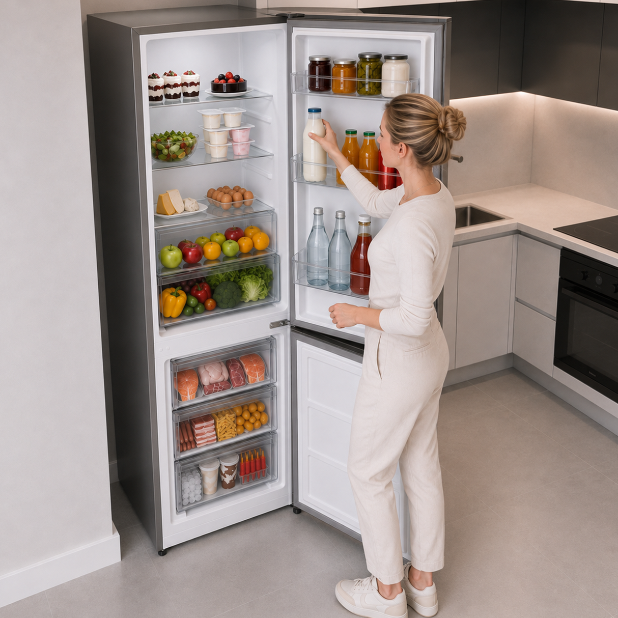 Frigo congélateur Heinner HC-HM315XE++ – 315 L – Classe énergétique E – Thermostat réglable – Éclairage LED – Porte réversible – inox – 5 Ans de garantie