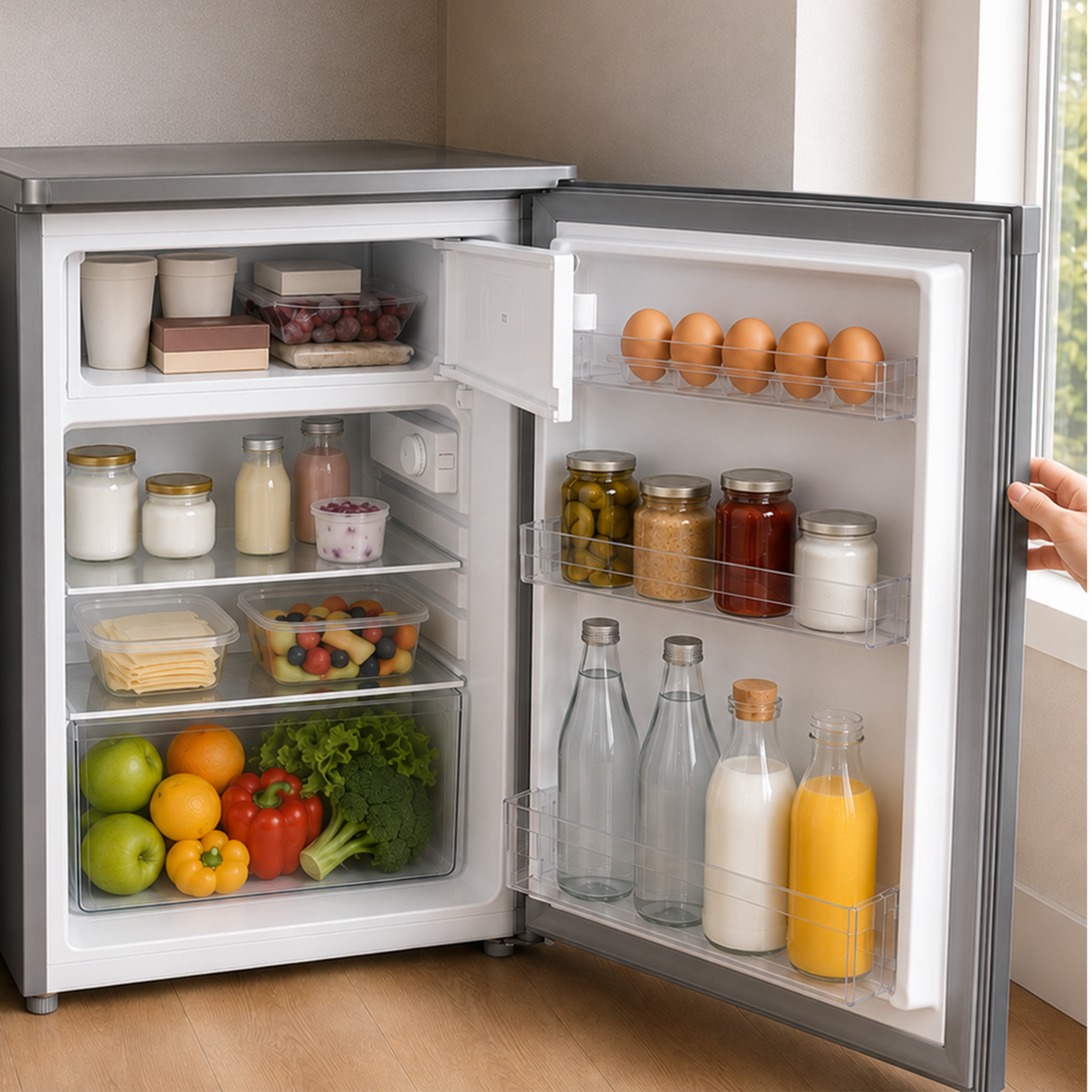 Frigo table top avec compartiment congélateur Heinner HF-HM109SE++ – 109 L – Classe énergétique E – Thermostat réglable – Éclairage LED – Porte réversible – Argent – 5 Ans de garantie