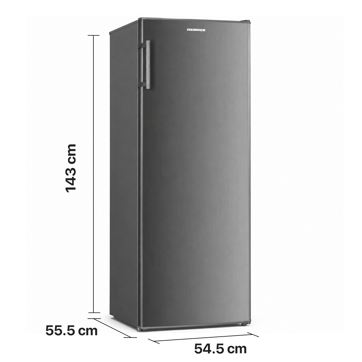 Frigo Heinner HF-HM242XE++ – 242 L – Classe énergétique E – Thermostat réglable – Éclairage LED – 4 clayettes en verre – Porte réversible – inox – 5 ans de garantie