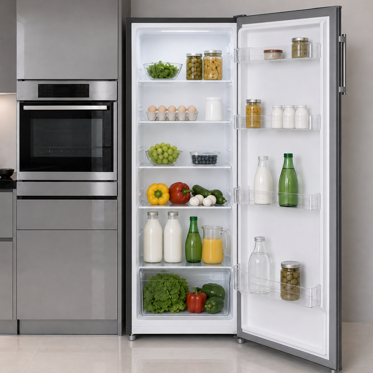 Frigo Heinner HF-HM242XE++ – 242 L – Classe énergétique E – Thermostat réglable – Éclairage LED – 4 clayettes en verre – Porte réversible – inox – 5 ans de garantie