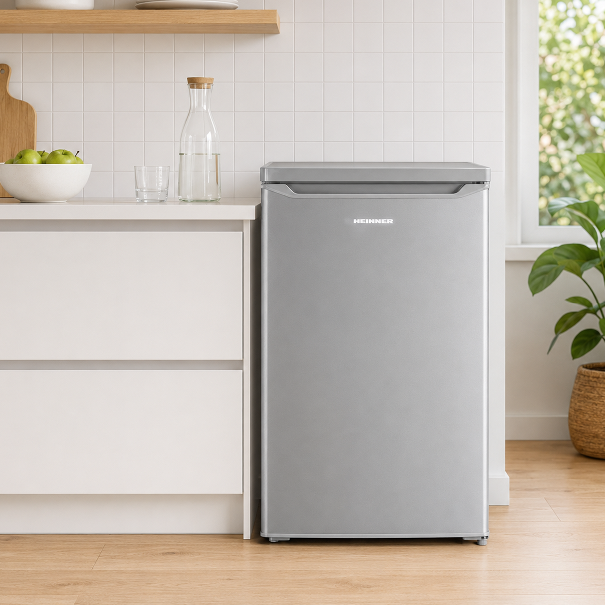 Frigo table top Heinner HF-HM127SE++ – 127 L – Thermostat réglable – Éclairage LED – Automatique Dégivrage – Porte réversible – Argent – 5 Ans de garantie