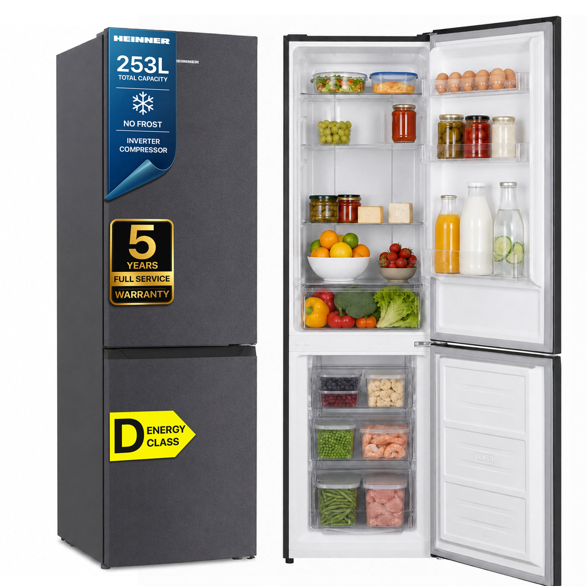 Heinner HCNF-HM253INVDGD Koel-vriescombinatie – 253 L – Total No Frost – Inverter Compressor – Energieklasse D – Elektronische Bediening met Instelbare Thermostaat – LED-verlichting – Antraciet – 5 Jaar Garantie – foto 1