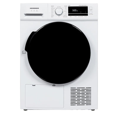 Heinner warmtepompdroger HHPD-M9G5PBKD++ met witte behuizing, zwarte ronde deur en digitaal display aan de voorkant