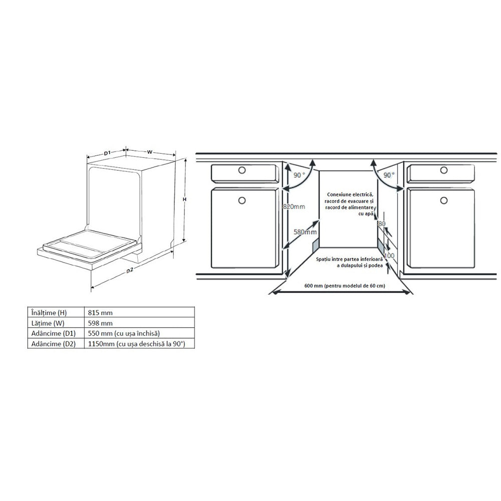 Technische tekening Heinner HDW-BIM60514E++ met afmetingen: hoogte 815mm, breedte 598mm, inbouwmaten en installatie-inst