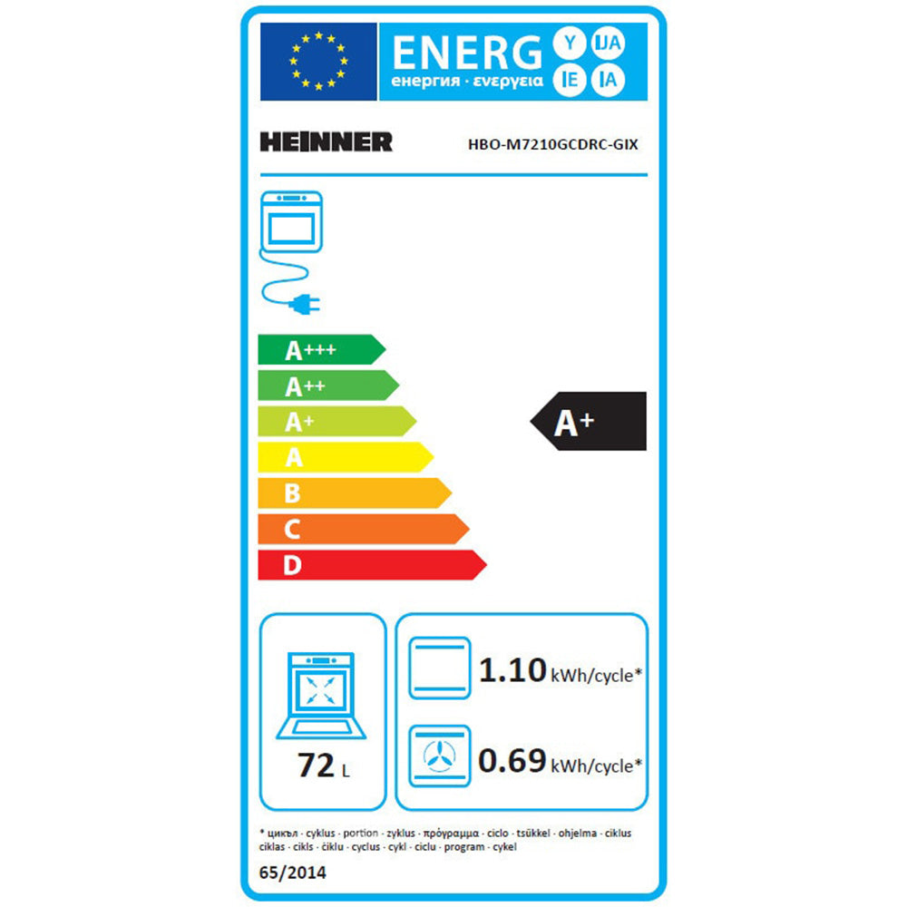 Energielabel EU voor Heinner HBO-M7210GCDRC-GIX oven met A+ classificatie en verbruik 1,10 kWh per cyclus