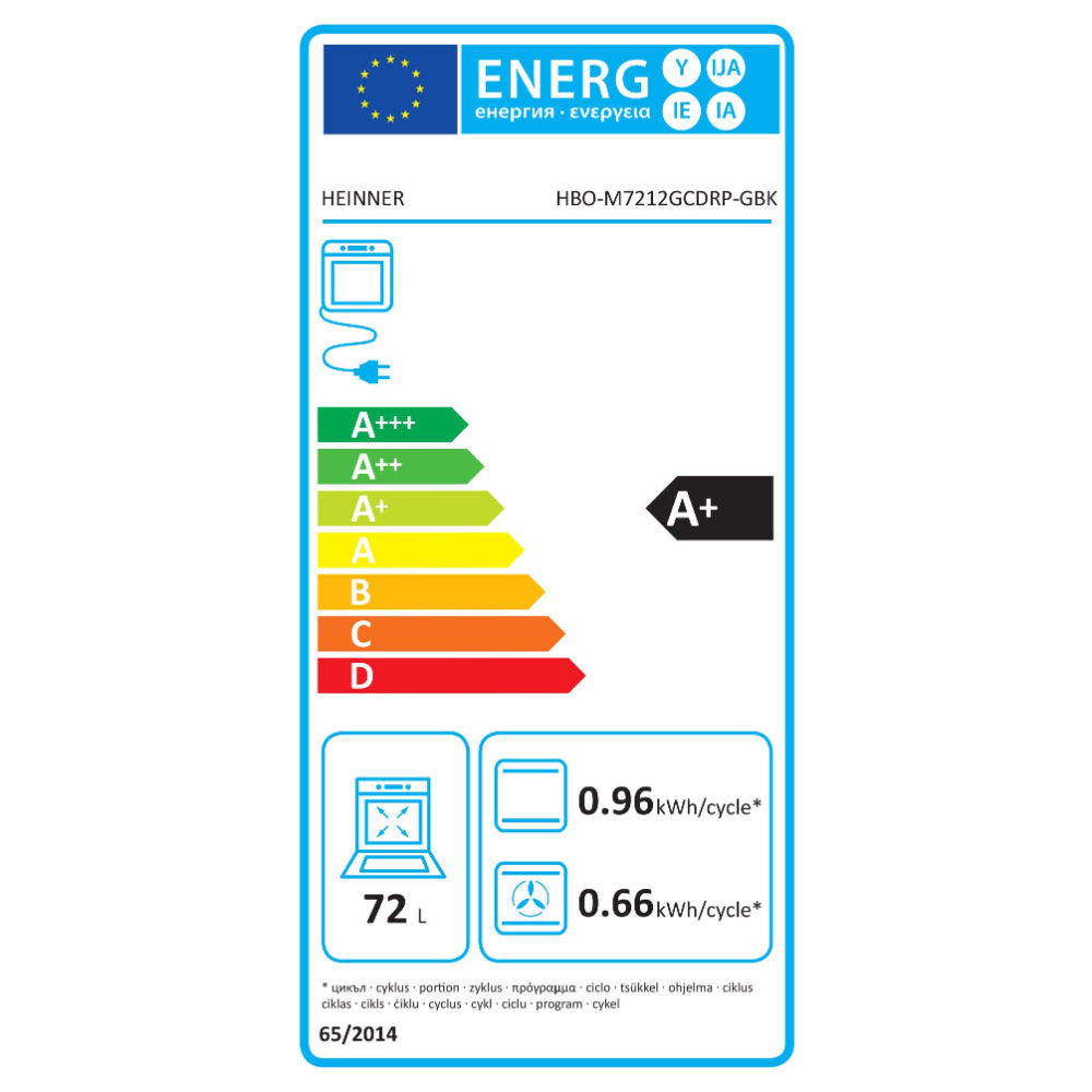 Heinner HBO-M7212GCDRP-GBK energielabel met A+ classificatie, 72L inhoud en verbruik 0.96 kWh/cycle