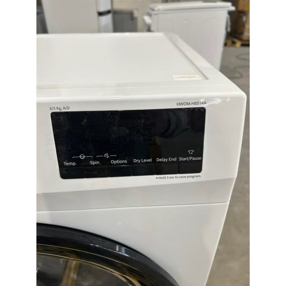 Achterkant Heinner was-droogcombinatie met slangen en aansluiting HWDM-H8514A model