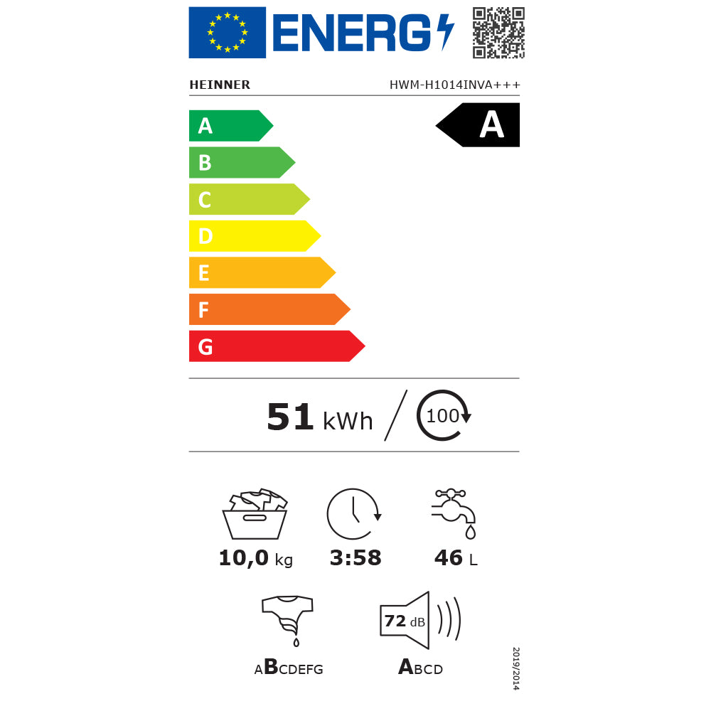 Wasmachine Heinner HWM-H1014INVA – 10 kg – 1400 toeren – energielabel A (Tweedekans)