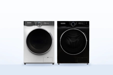 Twee Heinner wasmachines met stoomfunctie, in wit en zwart