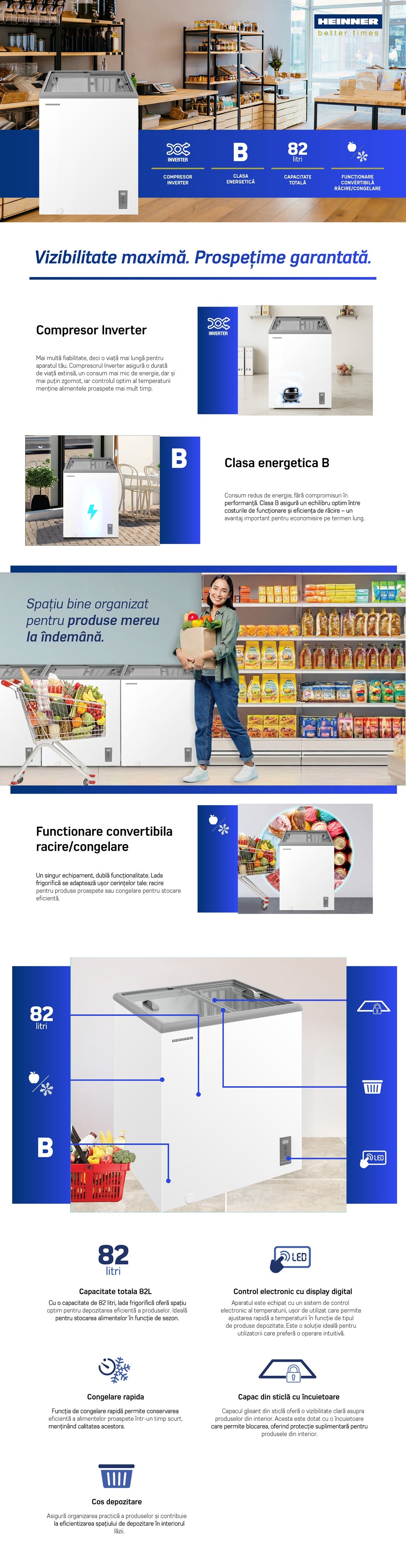Heinner Freezer/fridge HSF-M82INVWHB – chest freezer – 82 L – sliding glass lid – convertible – image 2